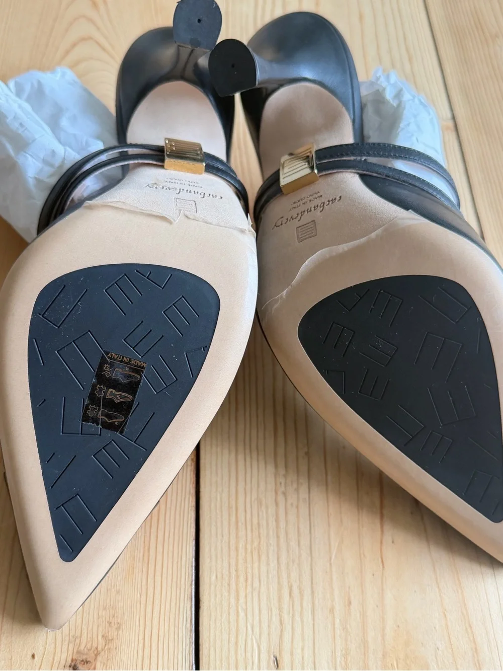 Black Pointed Leather Mule Heels with Double Strap and Gold Accent